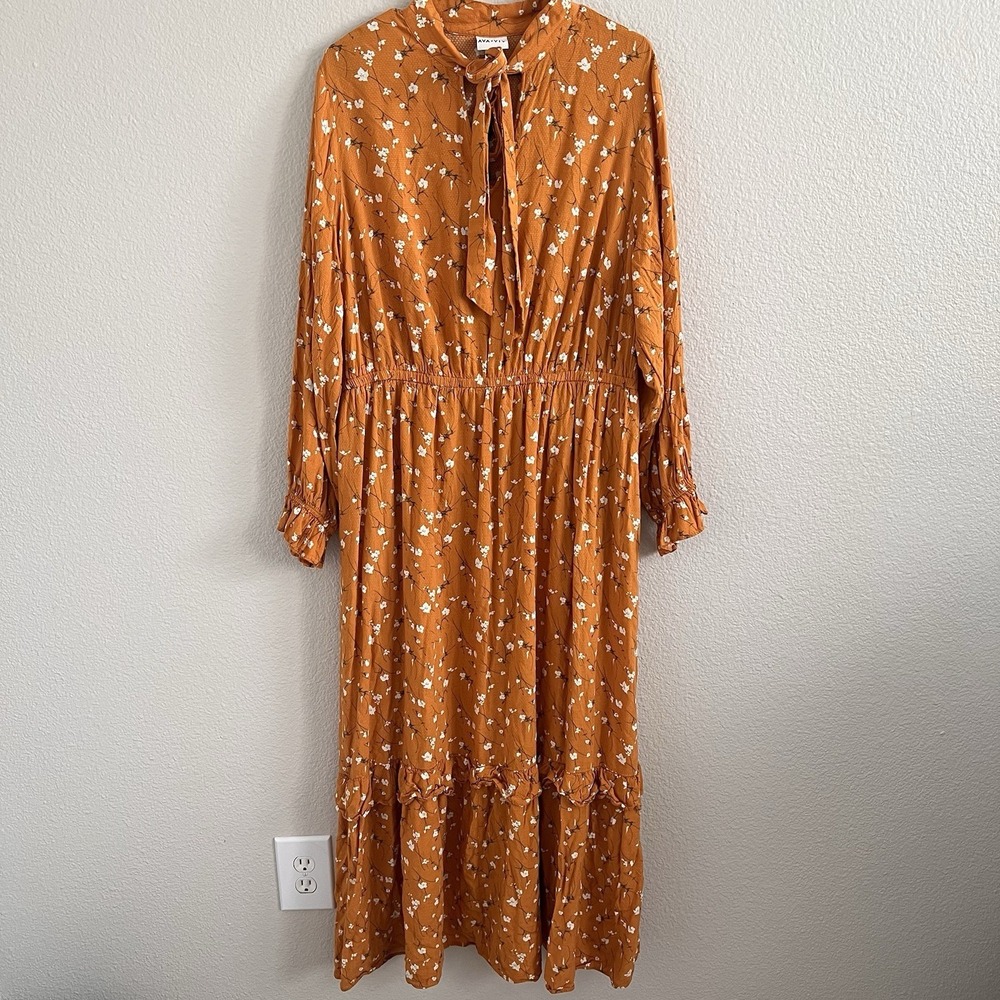1X XL Floral Maxi Tiered Dress Cottagecore Boho Prairie Bow Ruffles Yellow - Picture 3 of 12